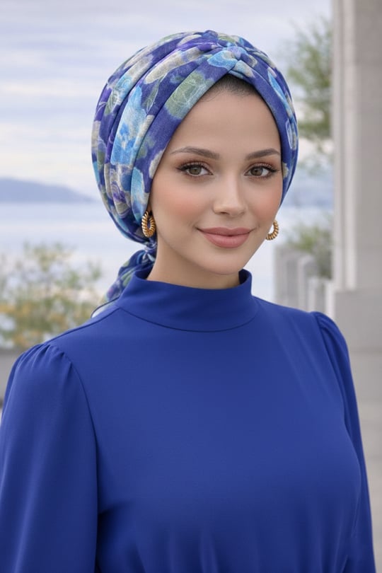 Mavi Turkuaz Çiçek Desenli Tokalı Bone