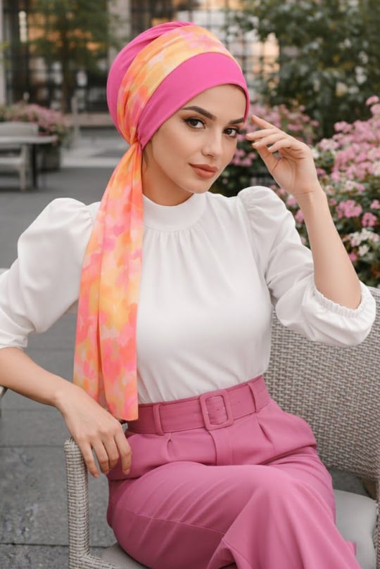 Pembe Batik Desen Fularlı Bone