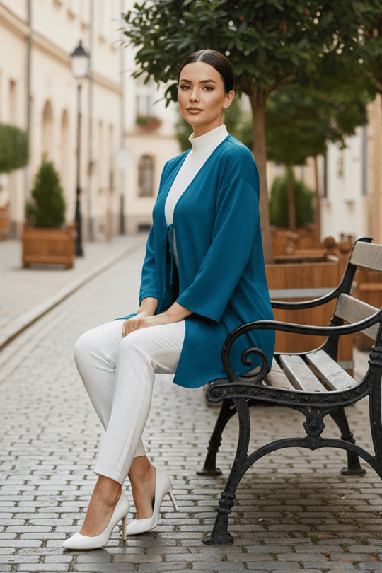 Petrol Mavi Önü Bağlamalı Kimono Tunik / Likralı Yazlık Kumaş