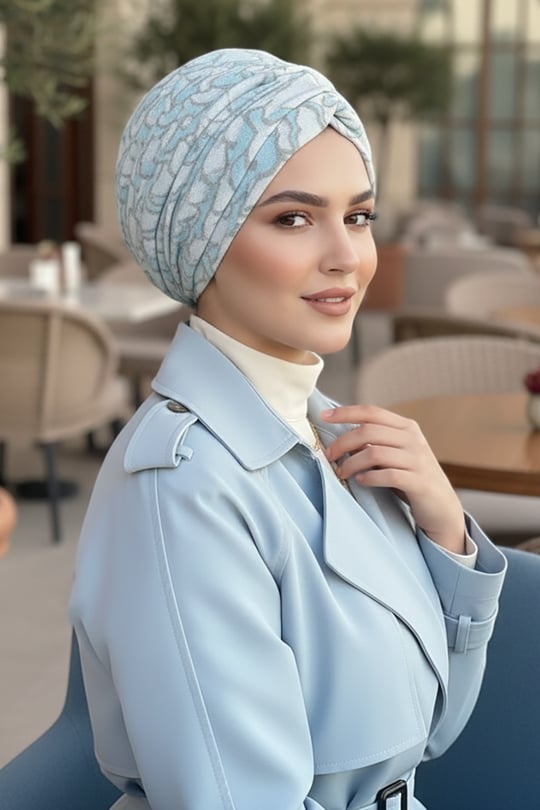 Beyaz Mavi Desenli Büzgülü Salaş Bone 