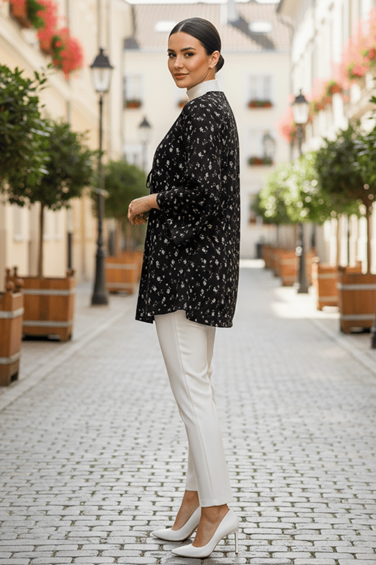 Siyah Çiçekli Önü Bağlamalı Kimono Tunik / Likralı Yazlık Kumaş