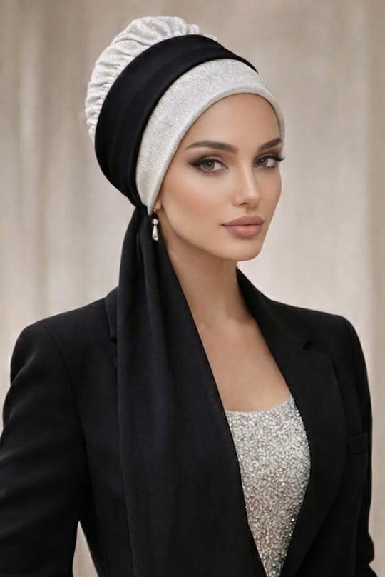 Siyah Fularlı Gümüş Simli Fularlı Bone