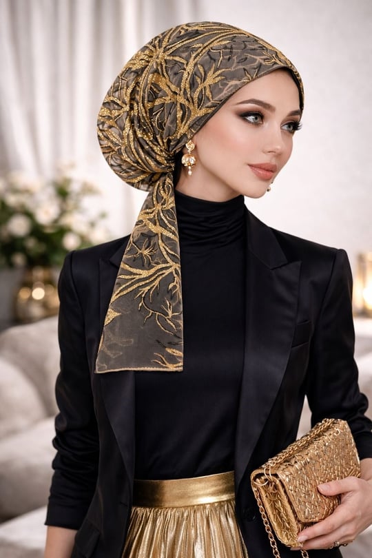 Siyah Gold Simli Abiye Eşarp Bone