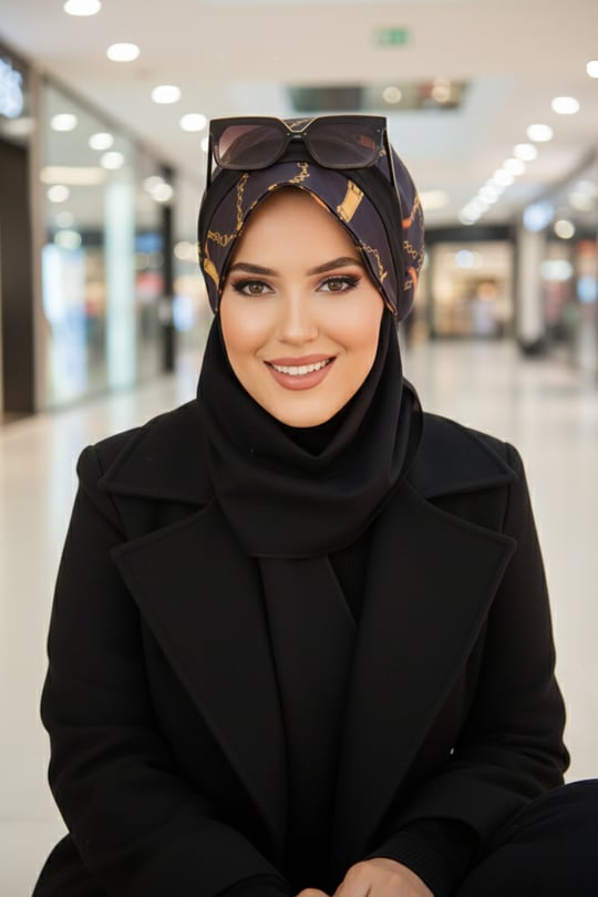 Siyah Gold Zincir  Desen Tesettür Şapka