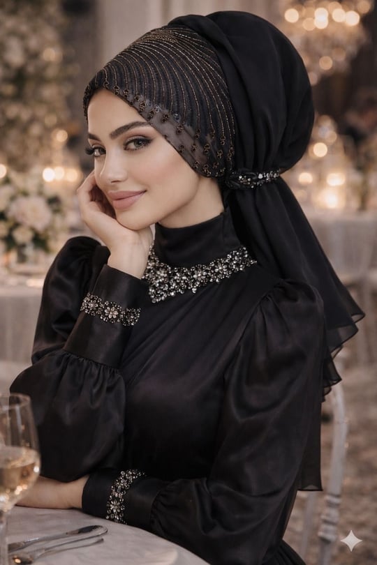 Siyah Gümüş Abiye Tokalı Bone / Hazır Duvak