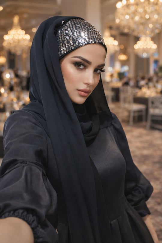Siyah Gümüş Payetli Bandana Abiye Şal