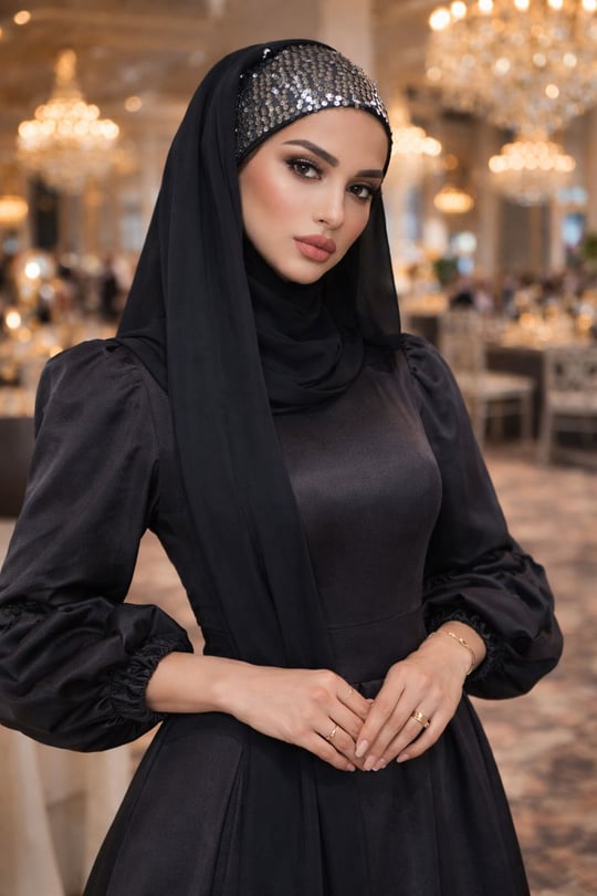Siyah Gümüş Payetli Bandana Abiye Şal