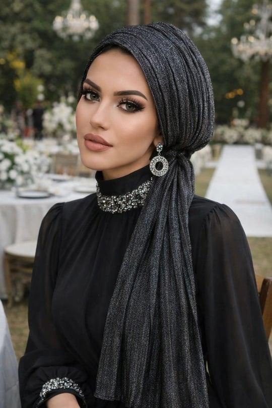 Siyah Gümüş Piliseli Kelebek Model Bantlı Abiye Bone Şal