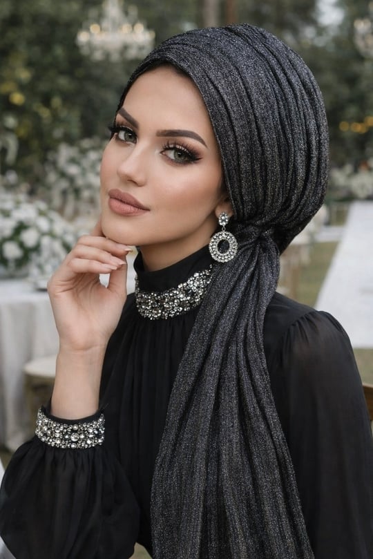 Siyah Gümüş Piliseli Kelebek Model Bantlı Abiye Bone Şal