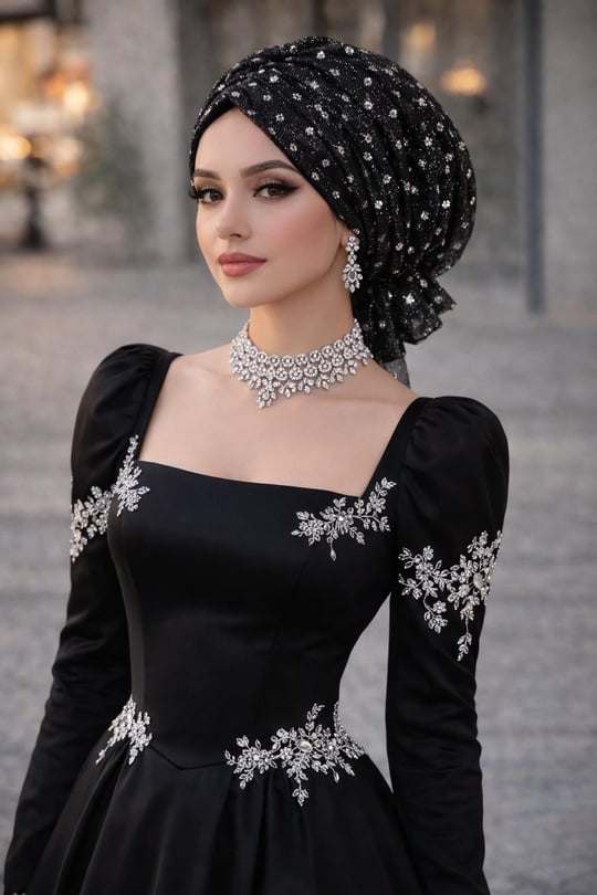 Siyah Gümüş Simli Abiye Tokalı Bone