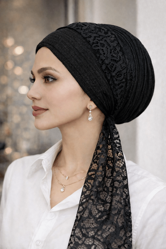 Siyah Işıltılı Dantel Fularlı Bone