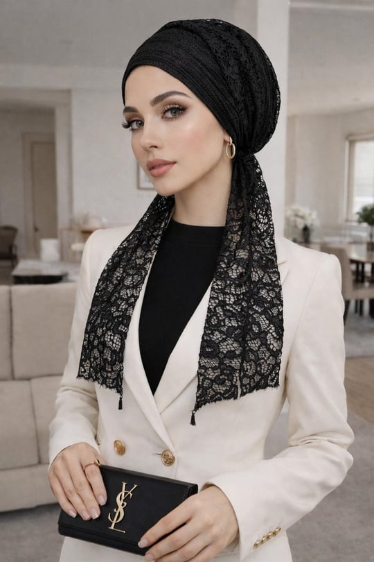 Siyah Işıltılı Dantel Fularlı Bone
