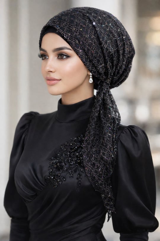 Siyah Simli Abiye Eşarp Bone