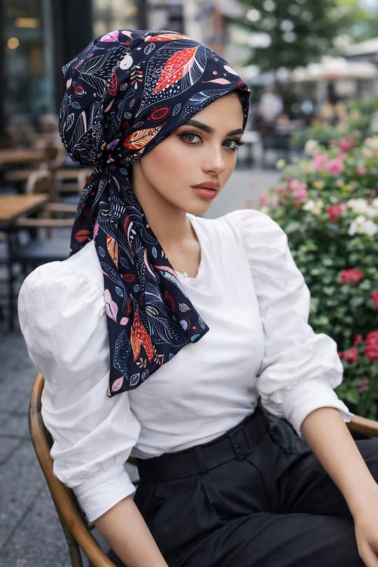 Siyah Yaprak Desen Eşarp Bone