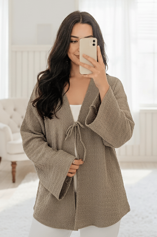 Taş Rengi Önü Bağlamalı Kimono Tunik / Likralı Ütü İstemez Kumaş