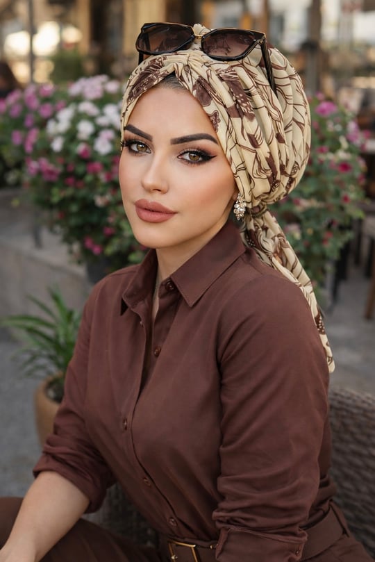 Uçuk Sarı Kahve Desen Tül Tokalı Bone