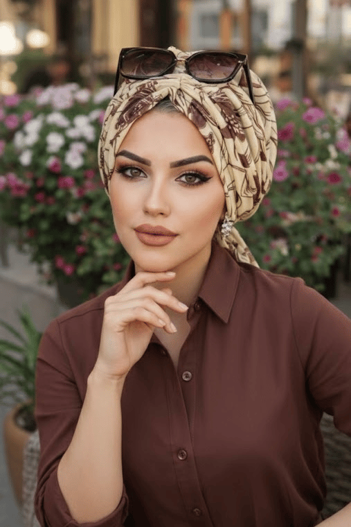 Uçuk Sarı Kahve Desen Tül Tokalı Bone
