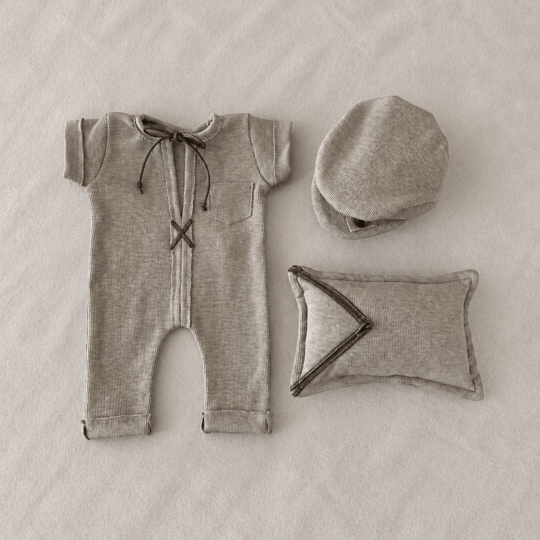 Latte Nomad Yenidoğan Erkek Set – Kısa Kollu Tulum, Kasket Şapka ve Dekoratif Yastık (3 Parça)