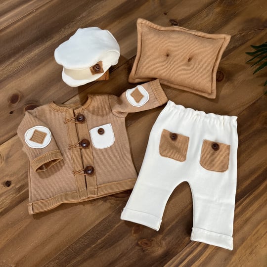 Camel Ceketli Erkek Yenidoğan Fotoğraf Çekimi Kıyafeti – 4 Parça Kombin Set