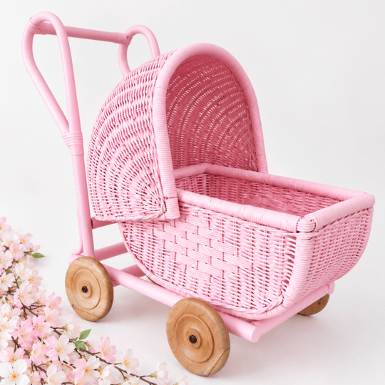 Pembe Stroller Rattan Bebek Arabası – Yenidoğan ve 1 Yaş Fotoğraf Çekim Propu