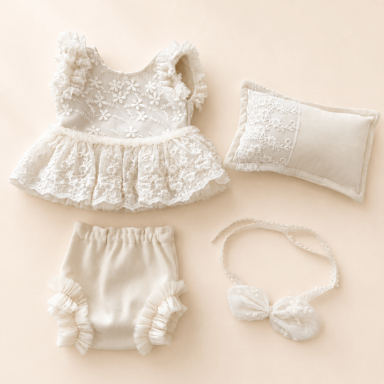 Ekru Yenidoğan Kız Fotoğraf Çekim Elbise Seti | Newborn Girl Photography Dress Set