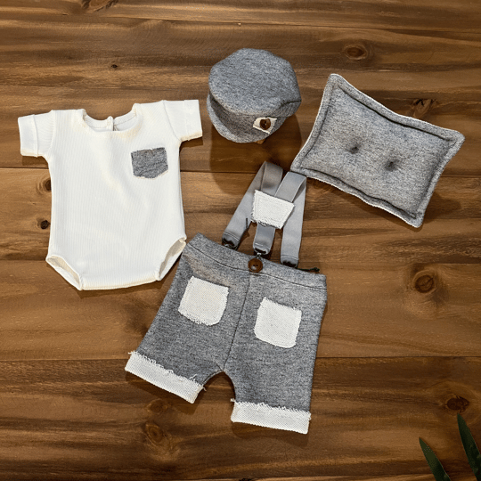 Gri Askılı Şortlu YeniDoğan Fotoğraf Çekim Takımı | 4 Parça Set | Erkek Bebek Stili
