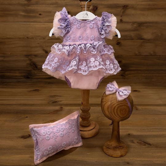 Pink & Lilac Newborn Girl Romper Set – Lace Baby Photoshoot Outfit – Layered Tulle Romper – Luxury Newborn Photography Outfit