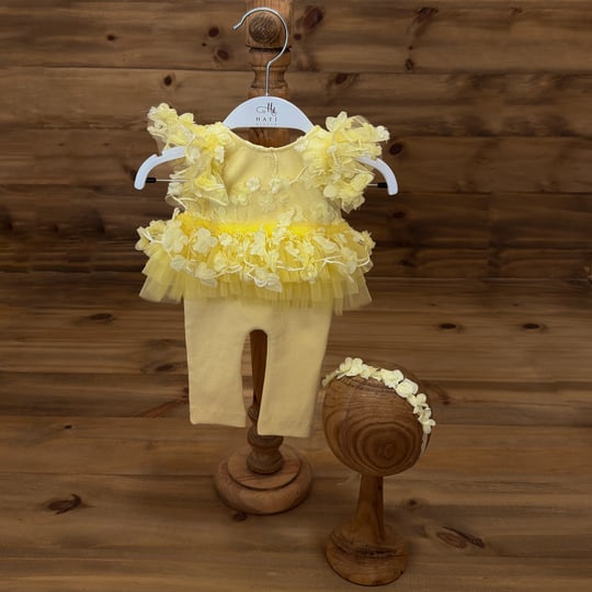 Yellow Floral Newborn Girl Romper Set – 3D Flower Baby Outfit – Baby Photoshoot Outfit – Spring Newborn Outfit