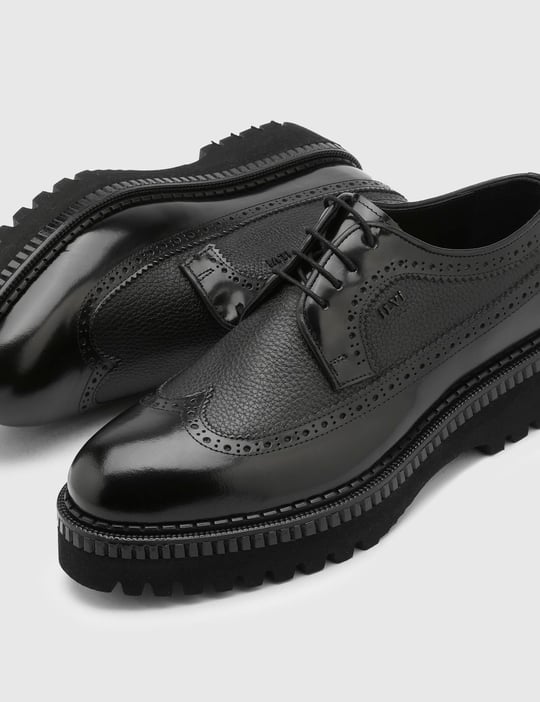 壬戌 Manzi Hakiki Açma Deri Erkek Siyah Oxford Ayakkabı - iLVi