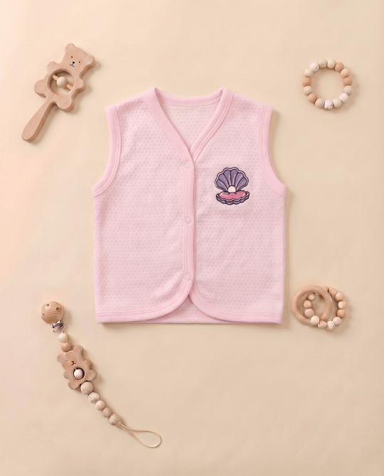 0224 İstiridye Nakışlıi Bebe Yelek PEMBE