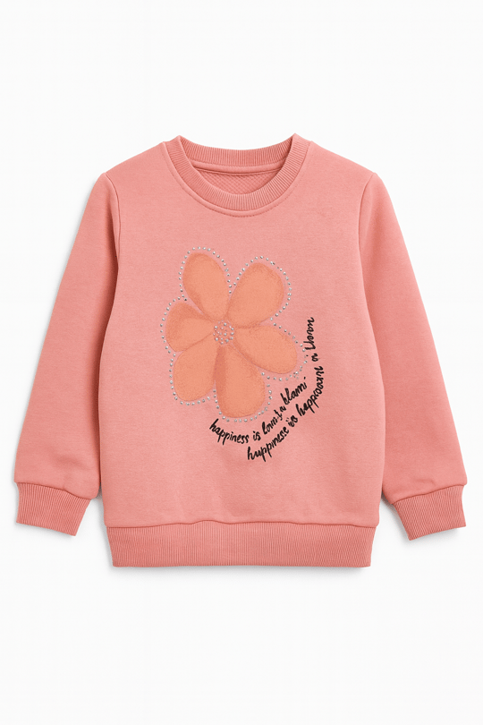 0310 Happines İs Love i Taşlı Üç İplik Şardonlu Sweatshirt PEMBE