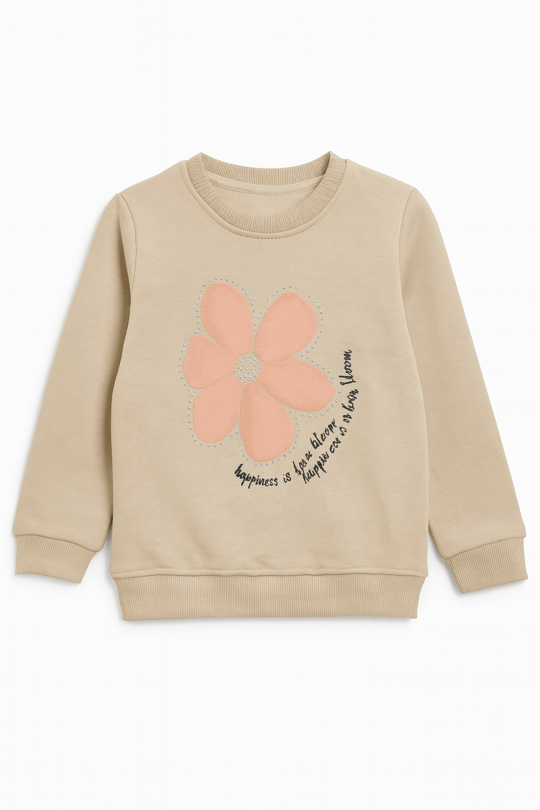 0310 Happines İs Love i Taşlı Üç İplik Şardonlu Sweatshirt TAŞ
