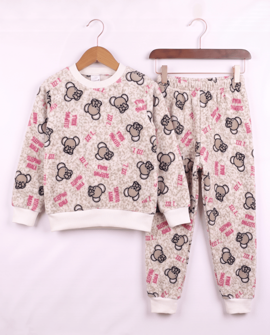 0810-2 Koala Desenli Polar Pijama Takımı KREM