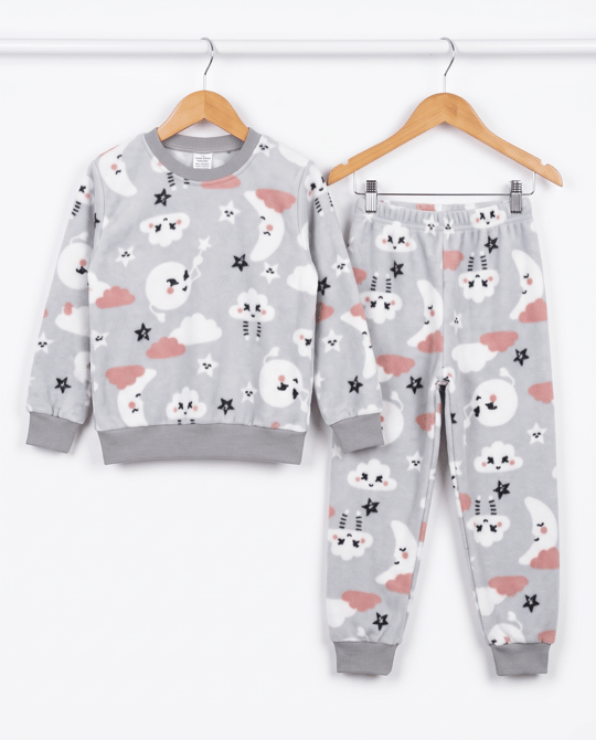 0810-3 Bulut Desenli Polar Pijama Takımı GRİ