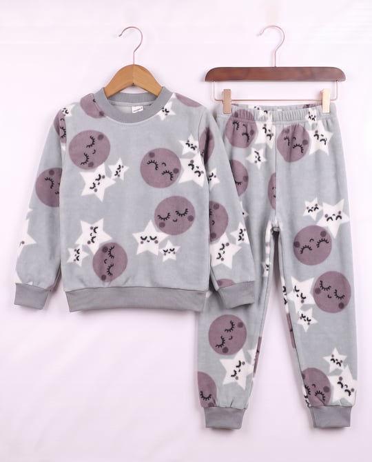 0810-4 Yıldız Desenli Polar Pijama Takımı GRİ