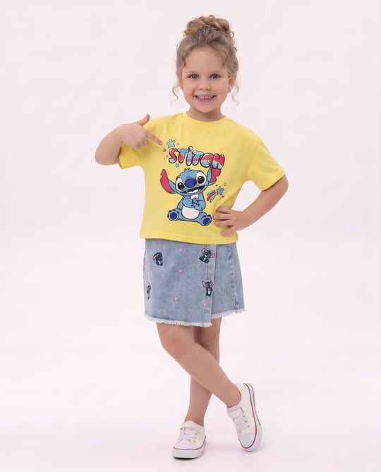 1018 Lilo Stich Baskılı Kot Şortlu Takım SARI