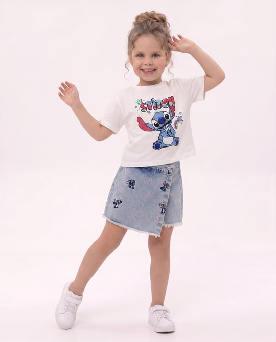 1018 Lilo Stich Baskılı Kot Şortlu Takım BEYAZ