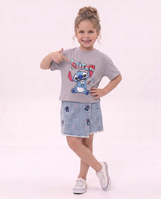 1018 Lilo Stich Baskılı Kot Şortlu Takım GRİ