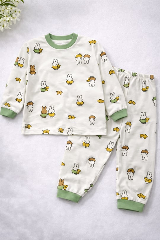 17520 Tavşan Desenli SıfırYaka Pijama Takımı YEŞİL