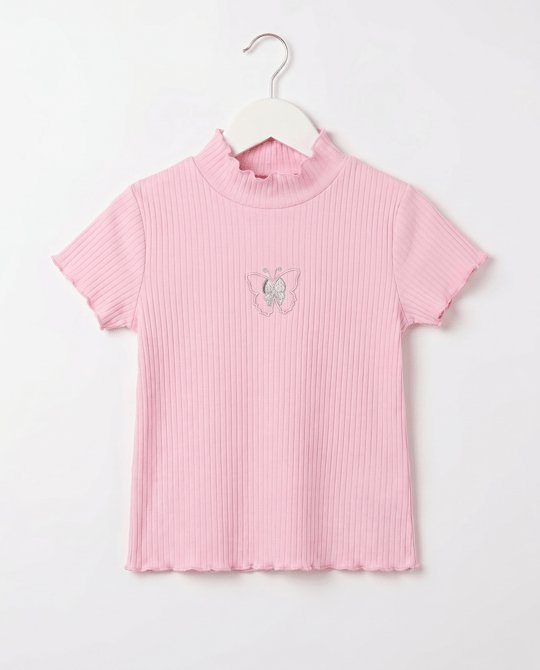 18407 Kelebek Nakışlı fitilli Kız Çocuk T-Shirt TOZP