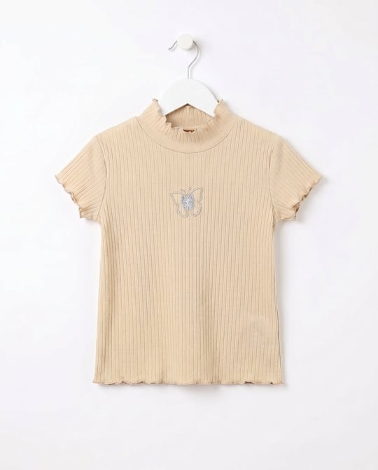 18407 Kelebek Nakışlı fitilli Kız Çocuk T-Shirt BEJ