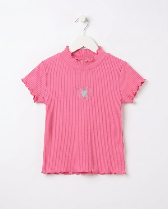 18407 Kelebek Nakışlı fitilli Kız Çocuk T-Shirt PEMBE