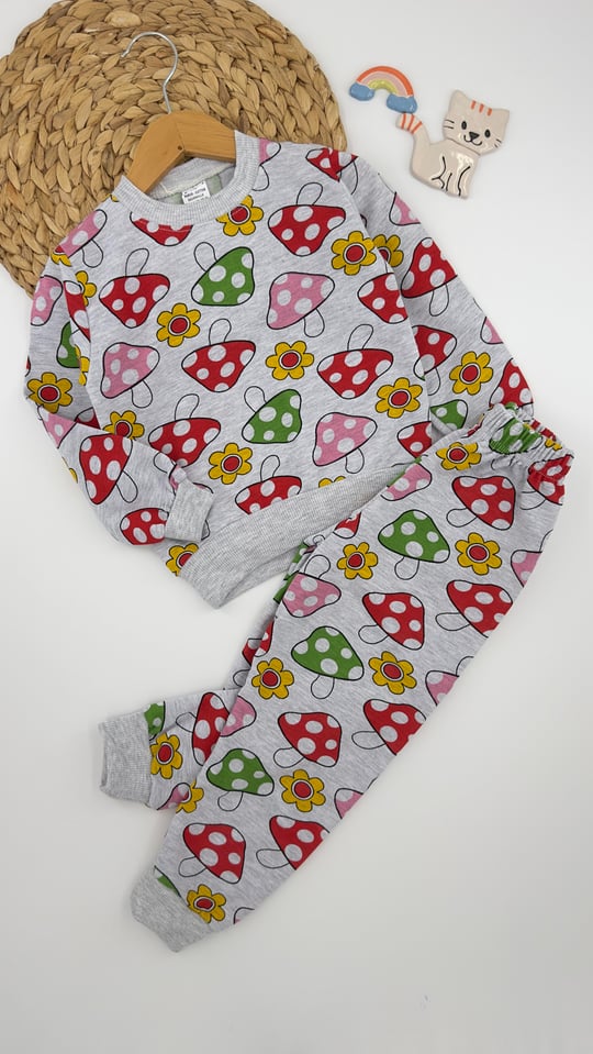 2412-1 Mantar Desenli Kız Çocuk Pijama Takımı İçi Pamuklu GRİ