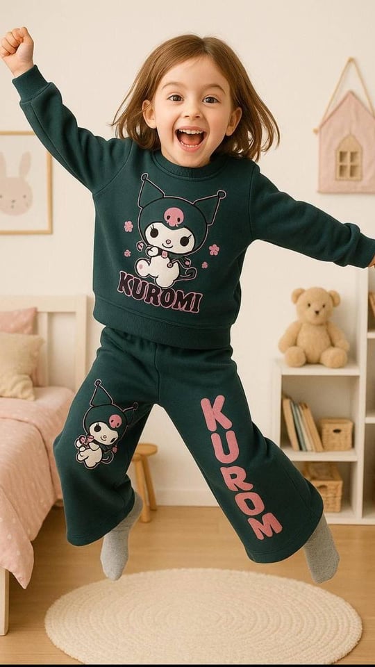 2526-5 Kuromi Kalp Baskılı Üç İplik Takım YEŞİL