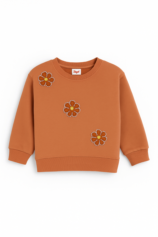 2820 Papatya Nakışlı İncili Üç İp Şardonlu Sweatshirt TRC