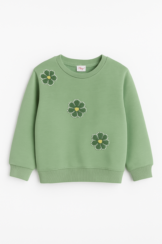 2820 Papatya Nakışlı İncili Üç İp Şardonlu Sweatshirt YEŞİL