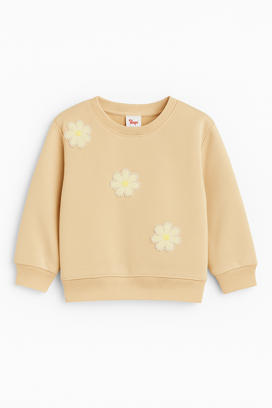 2820 Papatya Nakışlı İncili Üç İp Şardonlu Sweatshirt TAŞ