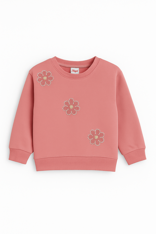 2820 Papatya Nakışlı İncili Üç İp Şardonlu Sweatshirt PEMBE