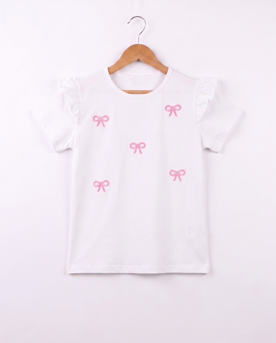 3077 Fiyonk Nakışlı Kız Çocuk T-Shirt PEMBE