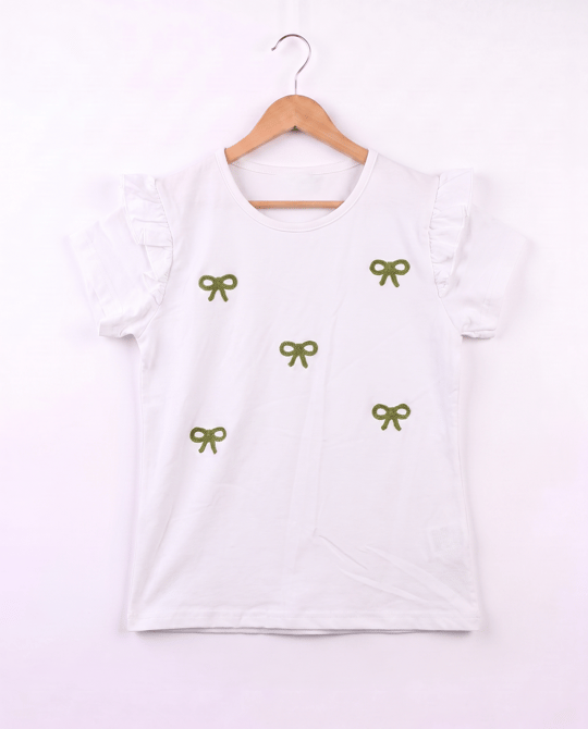 3077 Fiyonk Nakışlı Kız Çocuk T-Shirt YEŞİL